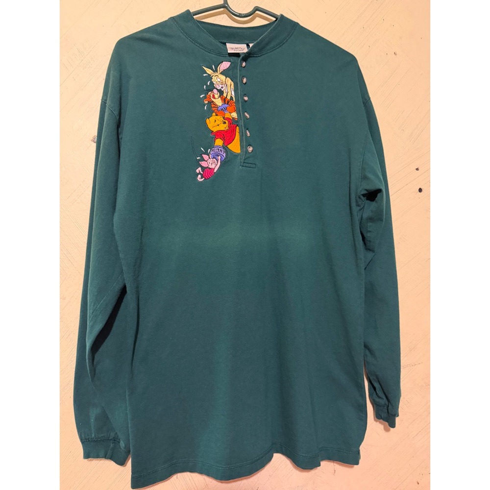 Vintage Disney Store Winnie the Pooh Tigger Piglet Henley Shirt Green Large
